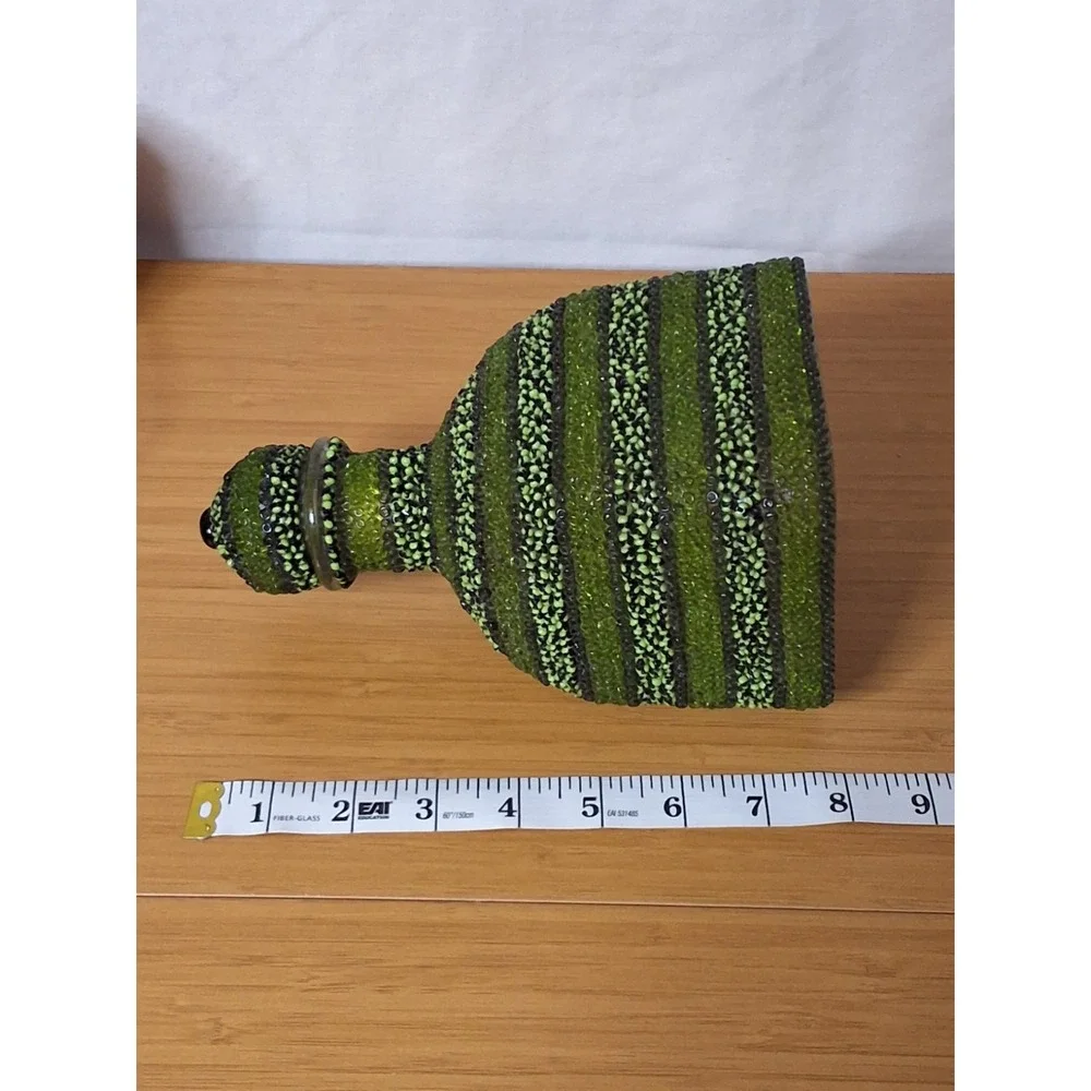 Custom Upcycled Beaded Patron Tequlila Bottle Decanter Green Boho Decor Art